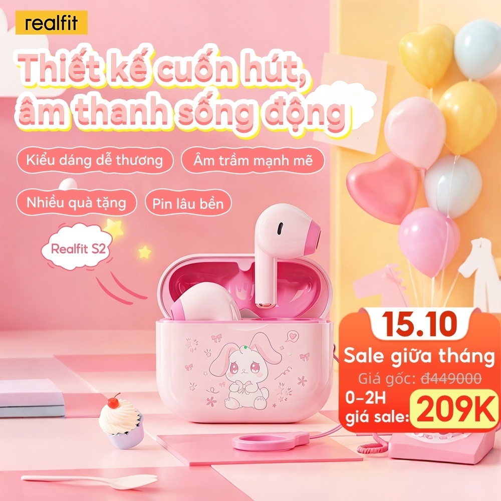 Tai nghe Bluetooth REALFIT S2 Mini | Điều khiển App | Êm tai | Chế độ Ngủ | Thiết kế Dopamine