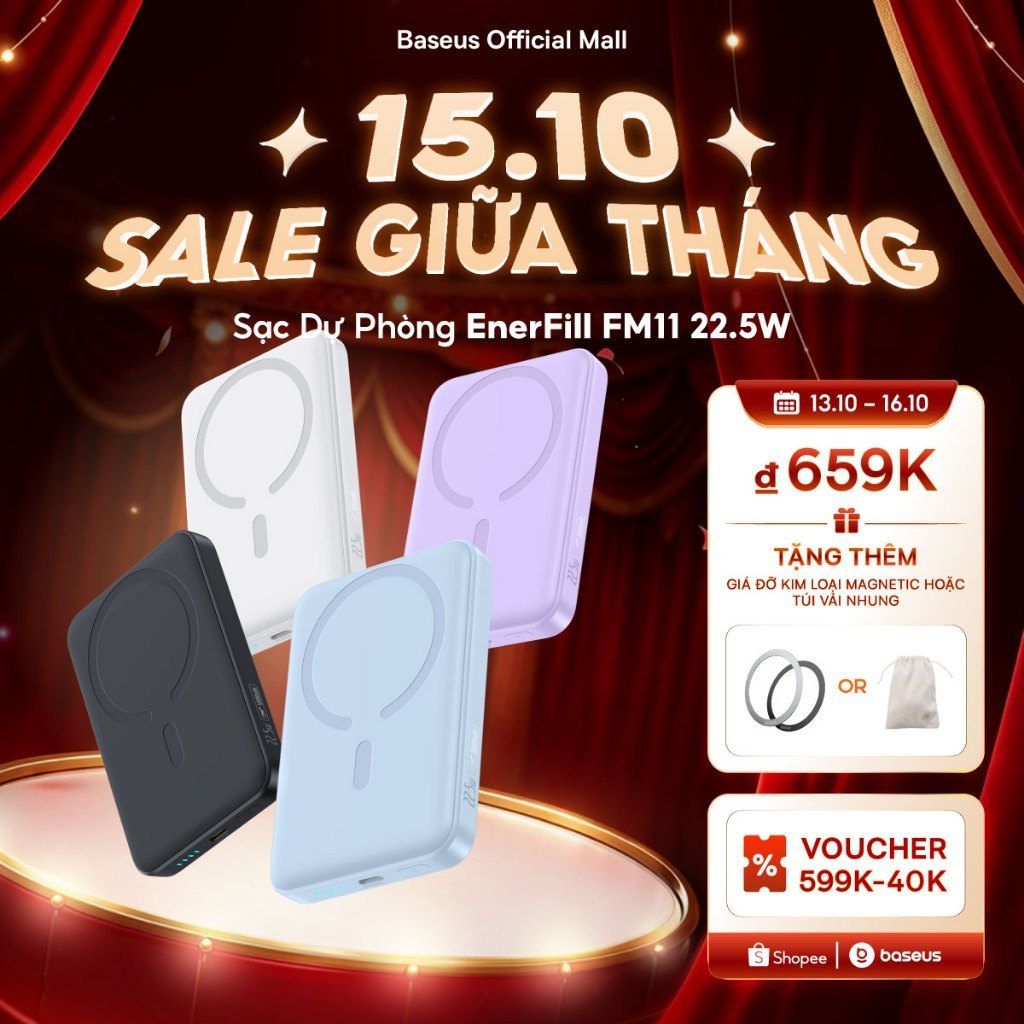 Pin sạc dự phòng không dây FM11 22.5W BASEUS 10000mah mini có nam châm thích hợp cho phone