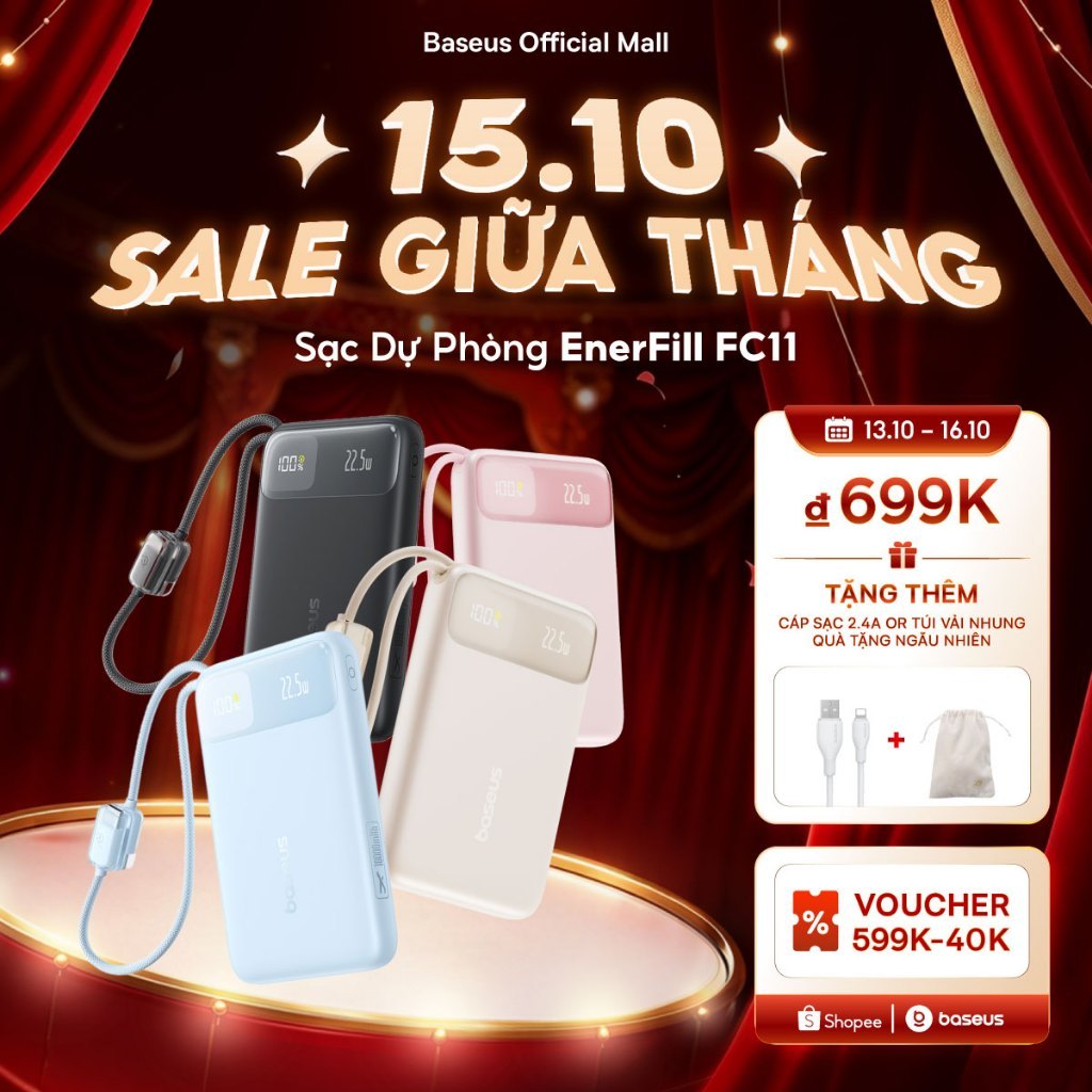 Sạc Dự Phòng EnerFill FC11 BASEUS có sạc nhanh 20W 20000mah thích hợp cho phone 15 / 14 / 13 / 12 xiaomi