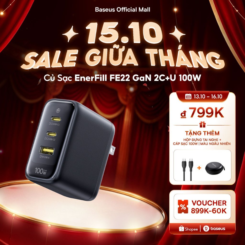 Bộ sạc nhanh Baseus EnerFill FE22 100w 2C + U USB-C USB-A cho iPhone Samsung Galaxy