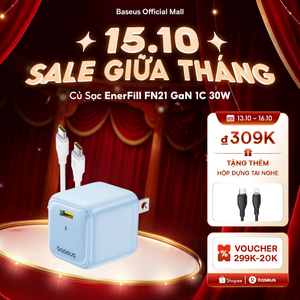 Củ Sạc EnerFill FN21 GaN 1C 30W Baseus Sạc Nhanh PD 30W Kiểm Soát Nhiệt Độ Thông Minh Kèm Dây Type-C PD 30W Dành cho i18