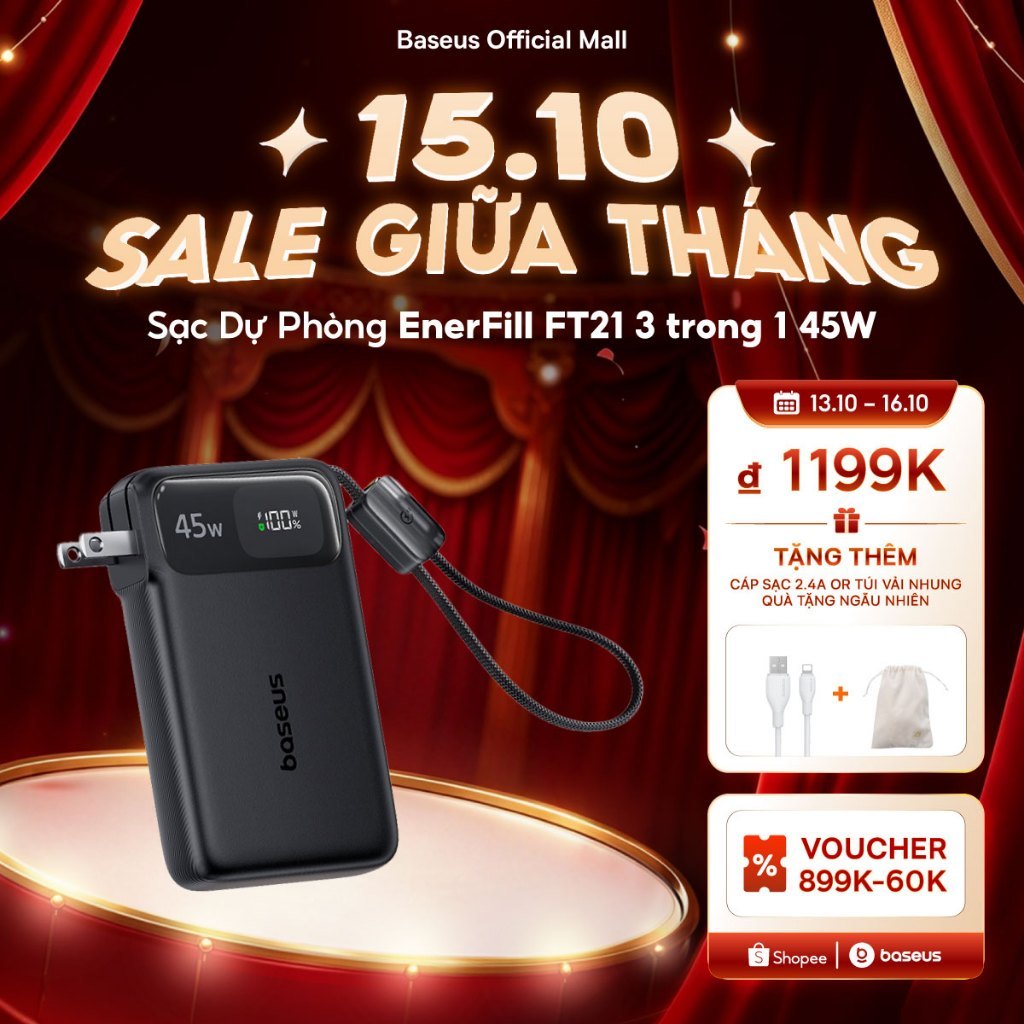 Baseus FT21 3 trong 1 45W Powerbank 10000mah Sạc nhanh Power Bank cho iPhone 17 Pro Max iPad