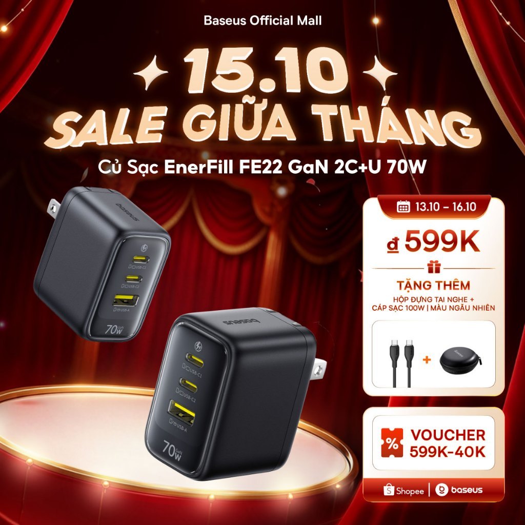 Củ Sạc EnerFill FE22 Baseus 70W 2C + U