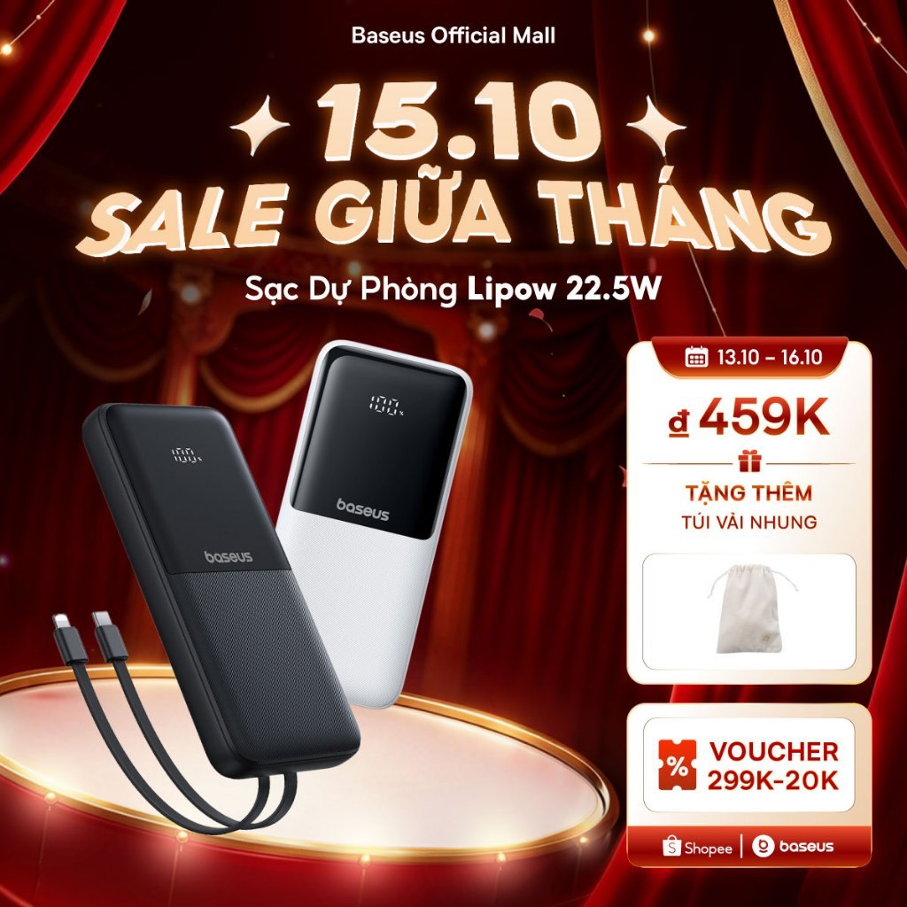 Sạc Dự Phòng Baseus Lipow 20000mAh – Cáp Kép, Màn Hình Kỹ Thuật Số, Công Suất 22.5W