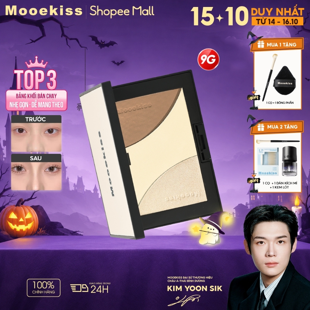 Bảng Tạo Khối & Highlight Mooekiss 3 Màu Mini 9g, Tự Nhiên, Lâu Trôi, Chống Nước, Dễ Tán [KIM YOON SIK]