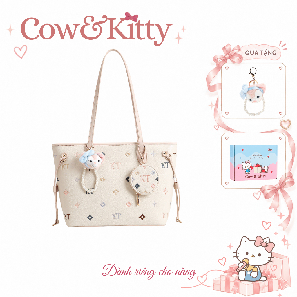 Túi tote Cow&Kitty/BORRY ROSA MALL thêu Túi đeo vai đi lại đa năng Túi tote dung tích lớn