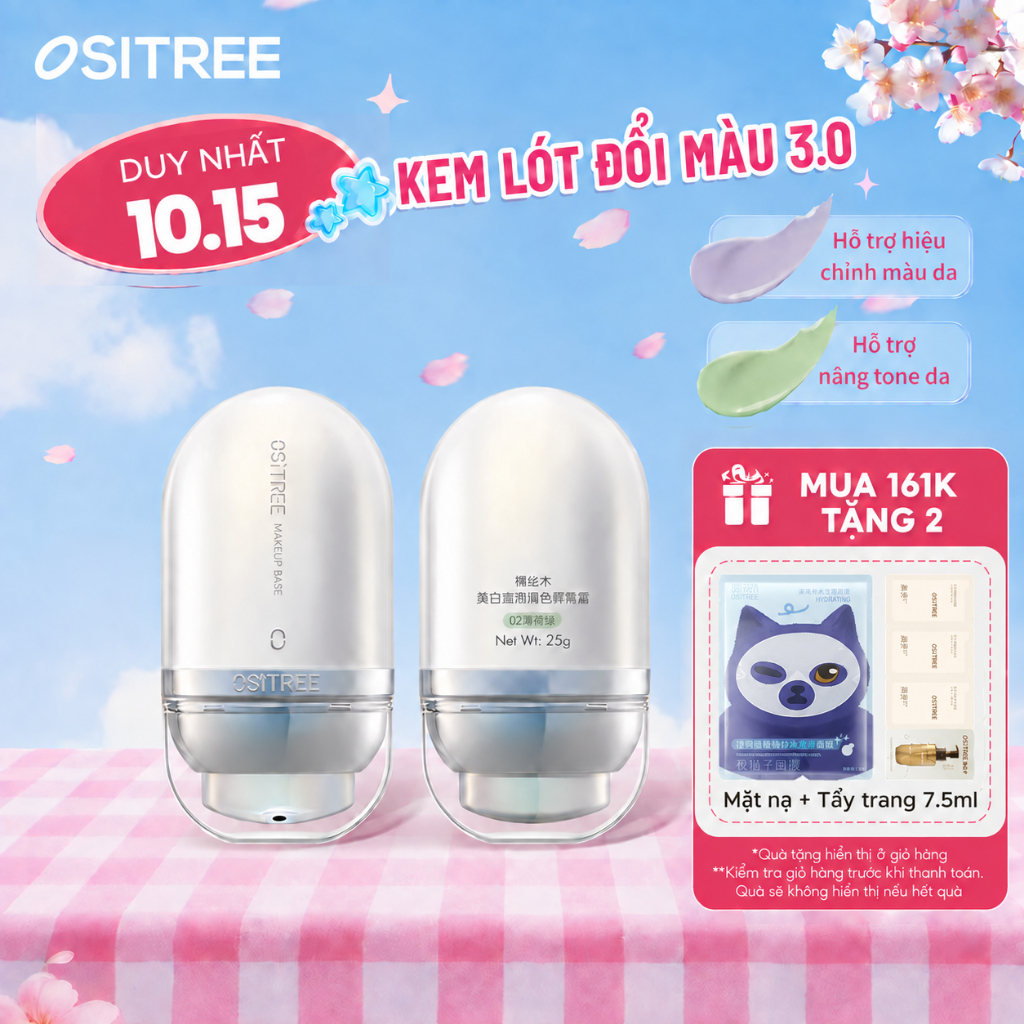 OSITREE Kem lót đổi màu theo tông da：Nâng tông nhẹ, giảm xỉn màu, chứa chiết xuất thảo mộc, giúp da sáng mịn tự nhiên.