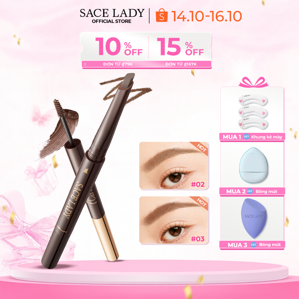 SACELADY Bút chì kẻ mày 2 trong 1 & Gel nhuộm màu lông mày đều màu chống thấm nước 0,95g
