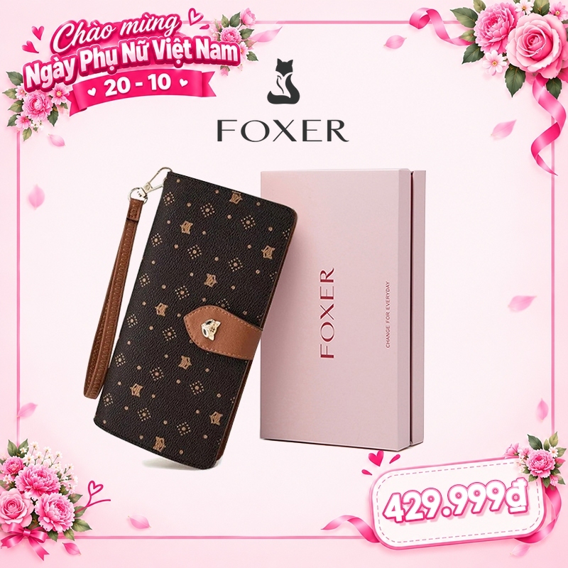 FOXER Ví Nữ Dài Da Cao Cấp Có Khóa Kéo Họa Tiết In Bền Bỉ Hộp quà Gift