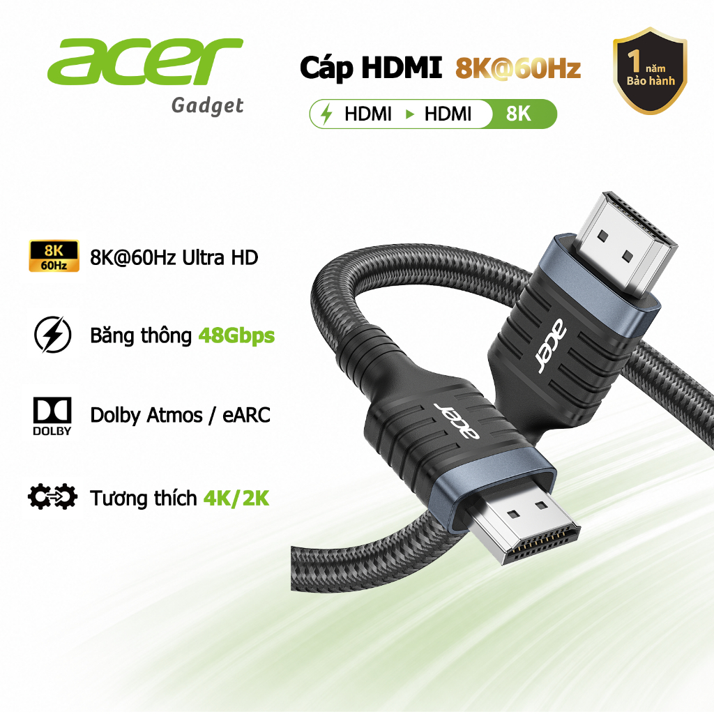 Acer Cáp 8K HDMI sang HDMI 2.01 8K / 60Hz 4K / 120Hz 48Gbps Cáp chơi game tốc độ cao 8K Ultra HD 48Gbps eARC HDR Tương thích với PS5 PS4 Xbox Switch UC0013