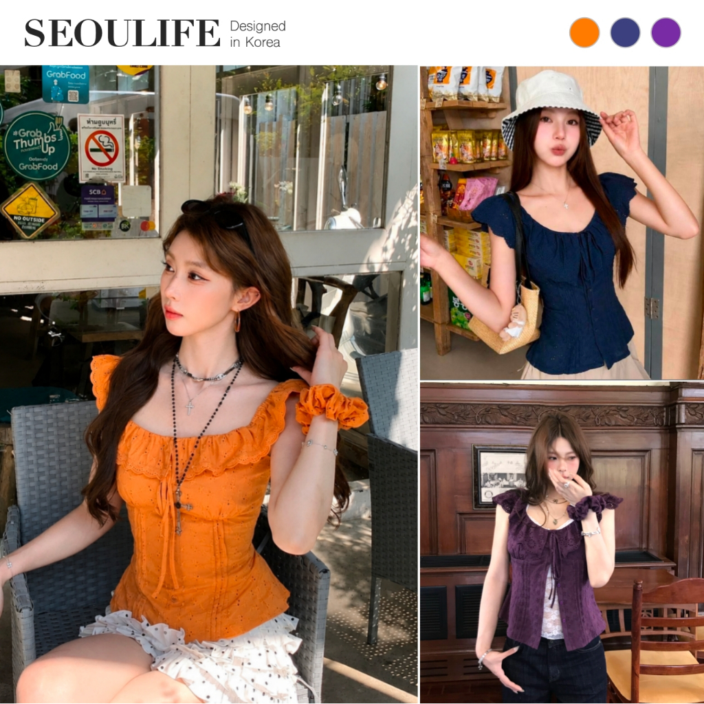 SEOULIFE | 26SS MỚI Hàn Quốc Retro Ruffle Áo, lệch Vai Muỗng Cổ Dây Buộc Thêu Áo Sơ Mi Tay Ngắn Áo Vest, Slim Fit Mùa Hè Top Cho Ngày Làm Việc Du Lịch, Màu Tím Hải Quân