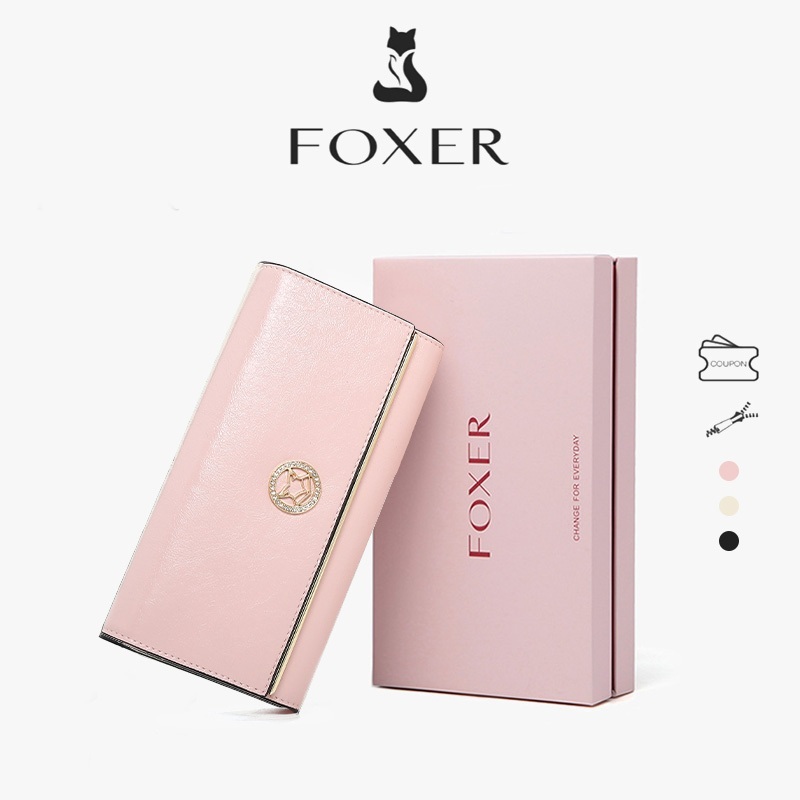 FOXER Ví Nữ Dài Chống Trộm RFID Da Cao Cấp Charm Cáo Sang Trọng