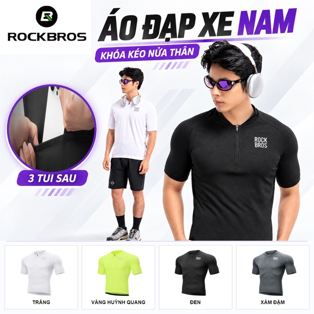 【Giao hàng 3 ngày】Áo Đạp Xe Nam ROCKBROS Tay Ngắn Khóa Kéo Nửa Thân Vải Polyester Thoáng Khí Nhanh Khô