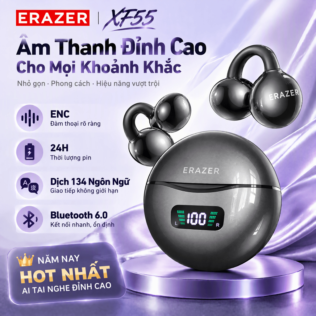ERAZER XF55 Al Thông Minh Dịch Thuật Thời Gian Thực Chống Ồn Tai Nghe Bluetooth Loại Kẹp Tai Nghe Bluetooth 6.0 Có Màn Hình LED Tai Nghe Không Dây HiFi Stereo