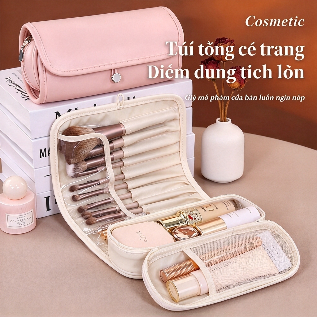 Túi cọ trang điểm cuộn đa năng, dung tích lớn, ngăn để cọ cố định, túi trong đựng son, phấn mắt và mỹ phẩm nhỏ, tiện du lịch