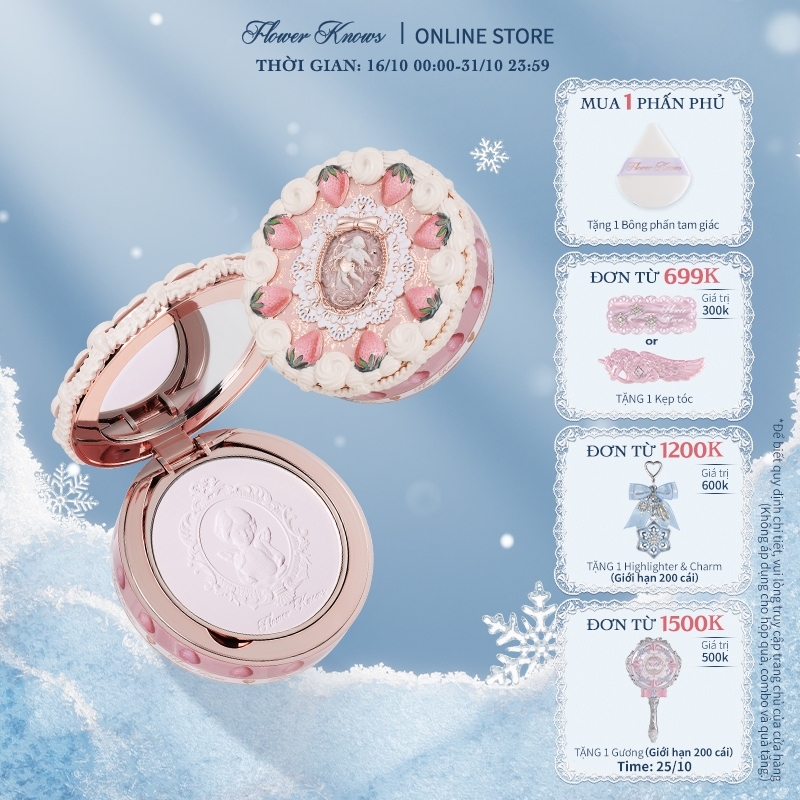 Phấn Phủ Nén Flower Knows Strawberry Cupid Bộ Sưu Tập Thiết Lập, Che Khuyết Điểm & Hoàn Thiện Lấy Nét Mềm 9,5g