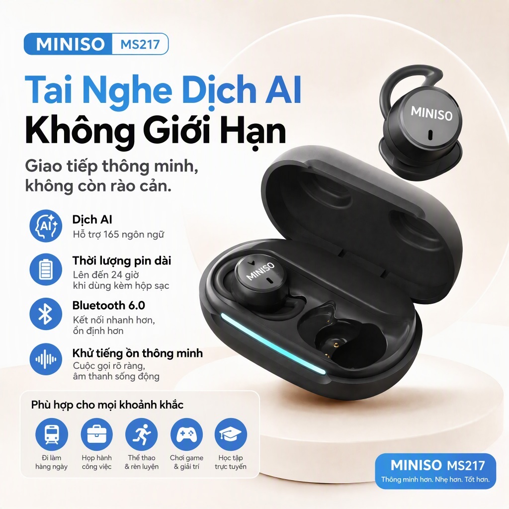 MINISO MS217 Tai nghe Bluetooth Công nghệ AI dịch thuật 134 ngôn ngữ Chống ồn chủ động ANC không dây OWS Hỗ trợ giấc ngủ siêu nhẹ Âm thanh HiFi Chống nước IPX5
