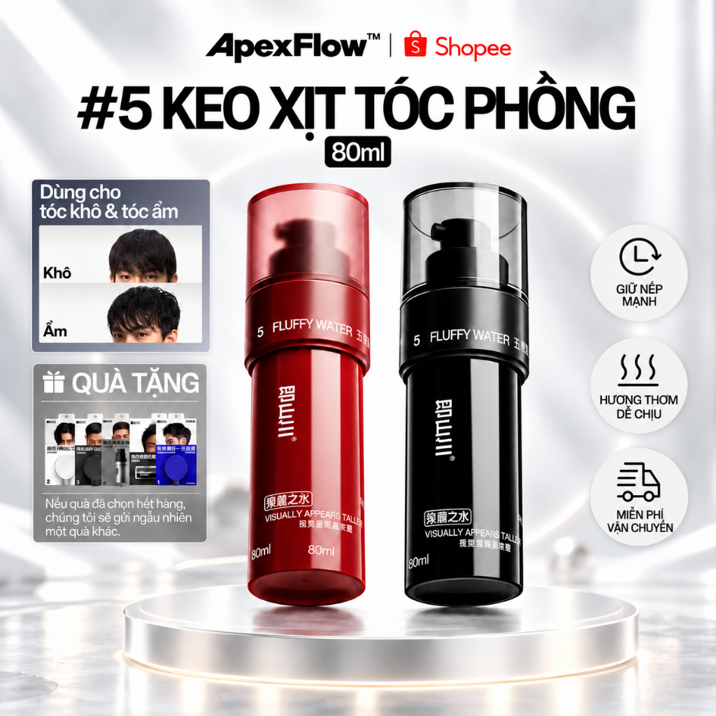 ApexFlow No.5 Xịt Phồng Tóc Nam - Giữ Nếp Lâu, Bồng Bềnh, Không Dính, Khô Nhanh, Thơm 80ml