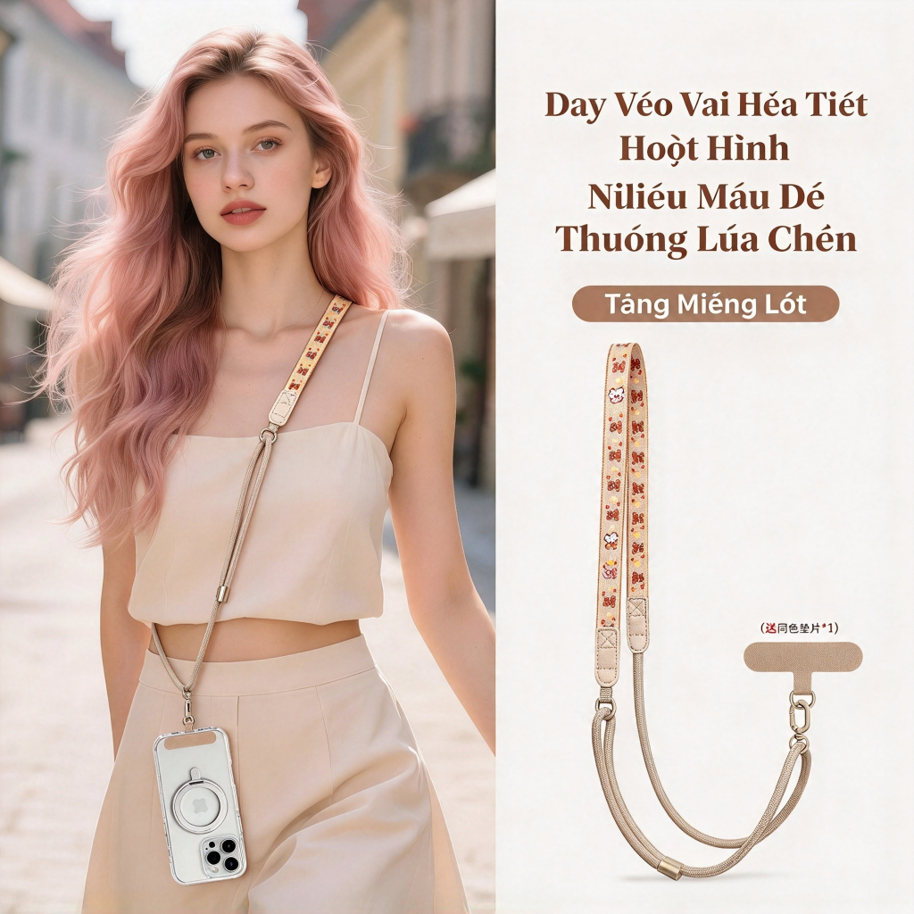 Dây buộc điện thoại in hình hoạt hình, Dây đeo cổ & vai bóng có móc kim loại, Miếng dán trong suốt, Dài 130cm, Dây điện thoại đa năng dành cho nữ Sử dụng hàng ngày