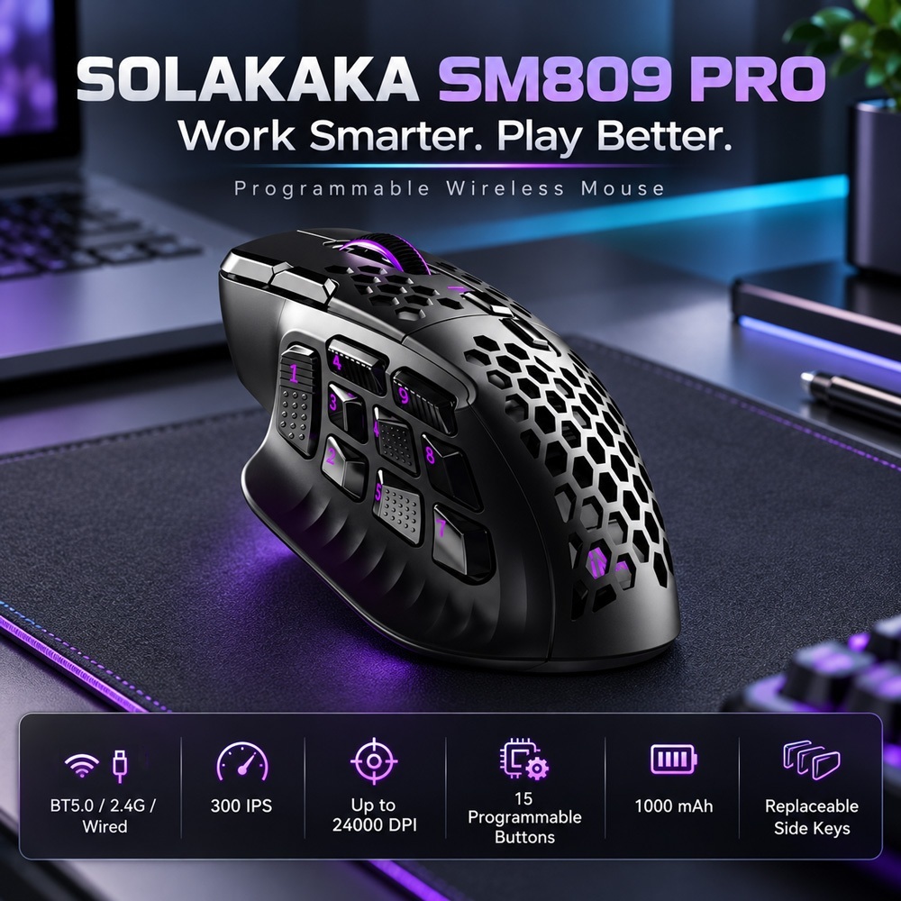 Solaka SM809 PRO MMO Chuột chơi game Bluetooth không dây 2.4G có dây Tùy chỉnh Phím bên DIY Thay thế vỏ bên