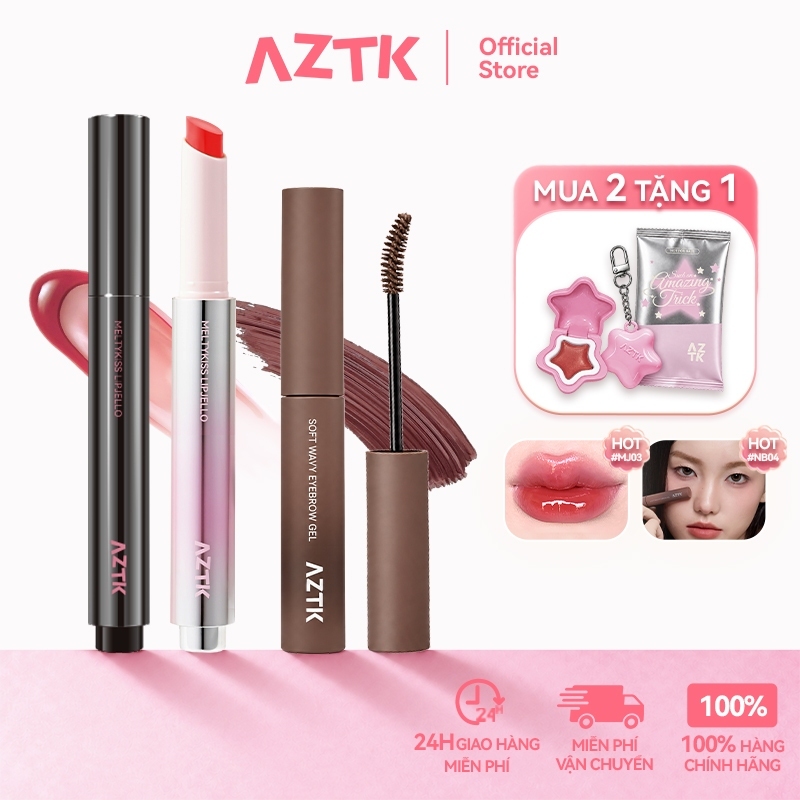 AZTK Combo Mascara Lông Mày Và Son Thỏi Bóng Gương Tự Nhiên Lâu Trôi