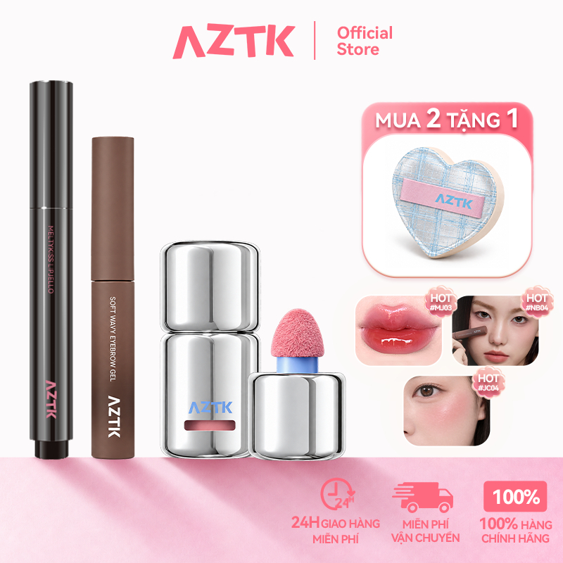 AZTK Combo Son Thỏi Bóng Gương Má Hồng Mascara Lông Mày Tự Nhiên Lâu Trôi