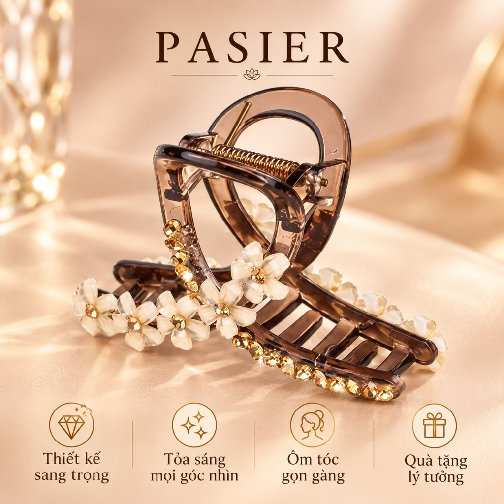 PASIER Kẹp tóc càng cua nữ đính đá hoa lấp lánh, phụ kiện tóc cao cấp phong cách tiểu thư kèm hộp NN004