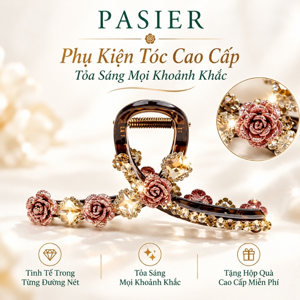 PASIER Kẹp tóc hoa hồng, thiết kế lãng mạn, đính đá tông vàng, phụ kiện tóc, FB2009