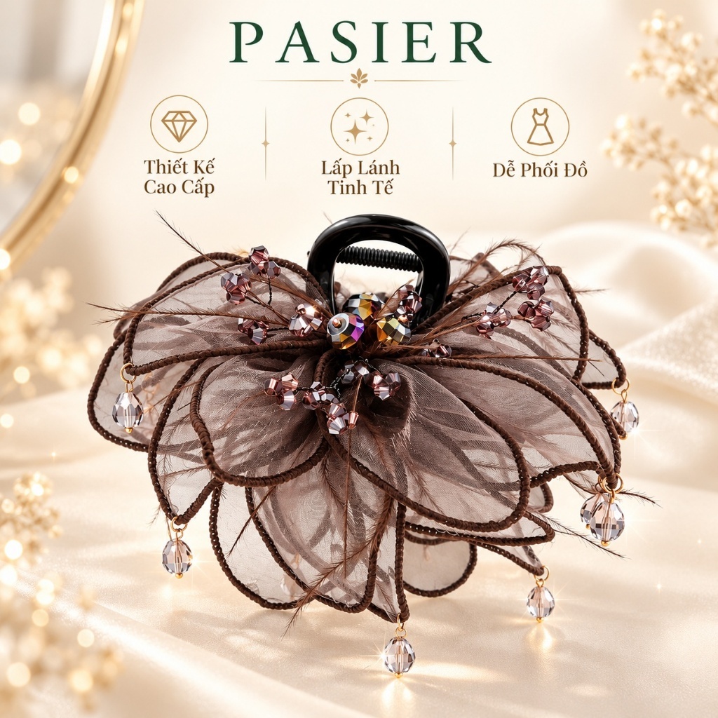 PASIER Kẹp tóc càng cua nữ organza nhiều lớp hình cánh hoa, đính pha lê giọt nước thanh lịch kèm hộp quà FB3270