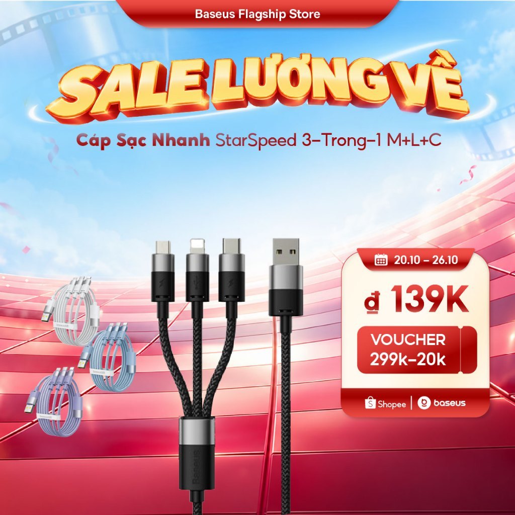 Baseus 3 trong 1 USB C 3.5A Cáp sạc Micro Type C