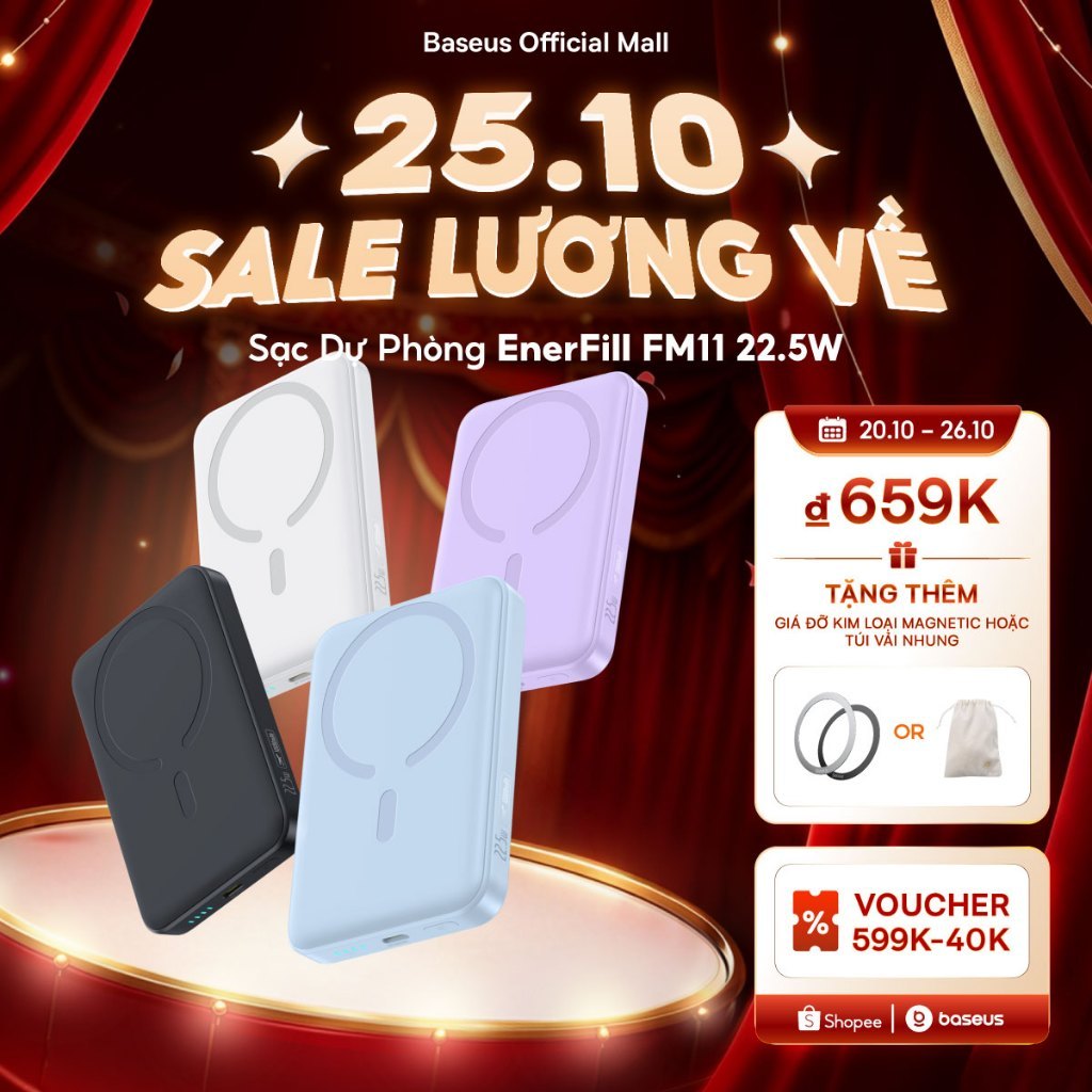 Pin sạc dự phòng không dây FM11 22.5W BASEUS 10000mah mini có nam châm thích hợp cho phone