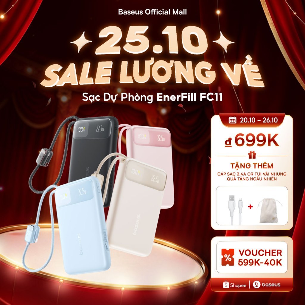 Sạc Dự Phòng EnerFill FC11 BASEUS có sạc nhanh 20W 20000mah thích hợp cho phone 15 / 14 / 13 / 12 xiaomi