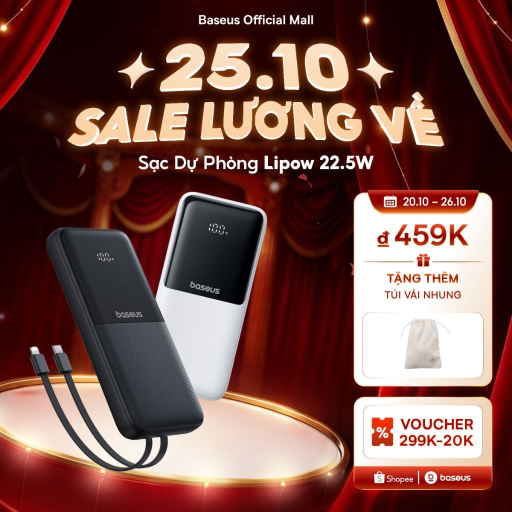 Sạc Dự Phòng Baseus Lipow 20000mAh – Cáp Kép, Màn Hình Kỹ Thuật Số, Công Suất 22.5W