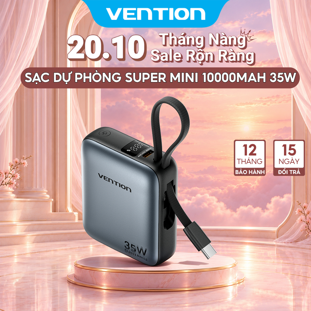 Vention Sạc Dự phòng 10000mAh có sạc nhanh 35W Super Mini – Cáp tích hợp Type C - PD, màn hình LED - kỹ thuật số - Pin dự phòng Sạc Nhanh 35W Cho Điện Thoại, Máy Tính Bảng - Thiết Kế Nhỏ Gọn - Bảo Hành 12 tháng -Hàng Chính Hãng