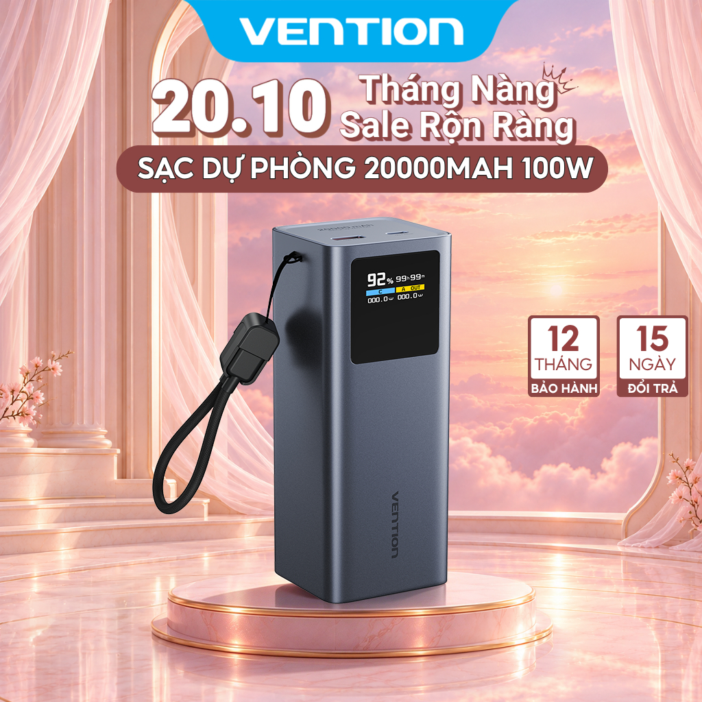 Vention Pin Sạc Dự Phòng 20000mAh 100W  Sạc Nhanh PD 3.0 Cho Điện Thoại Laptop MatBook Màn Hình TFT Sẵn Cáp Sạc USB C Sạc Đồng Thời 2 Thiết Bị