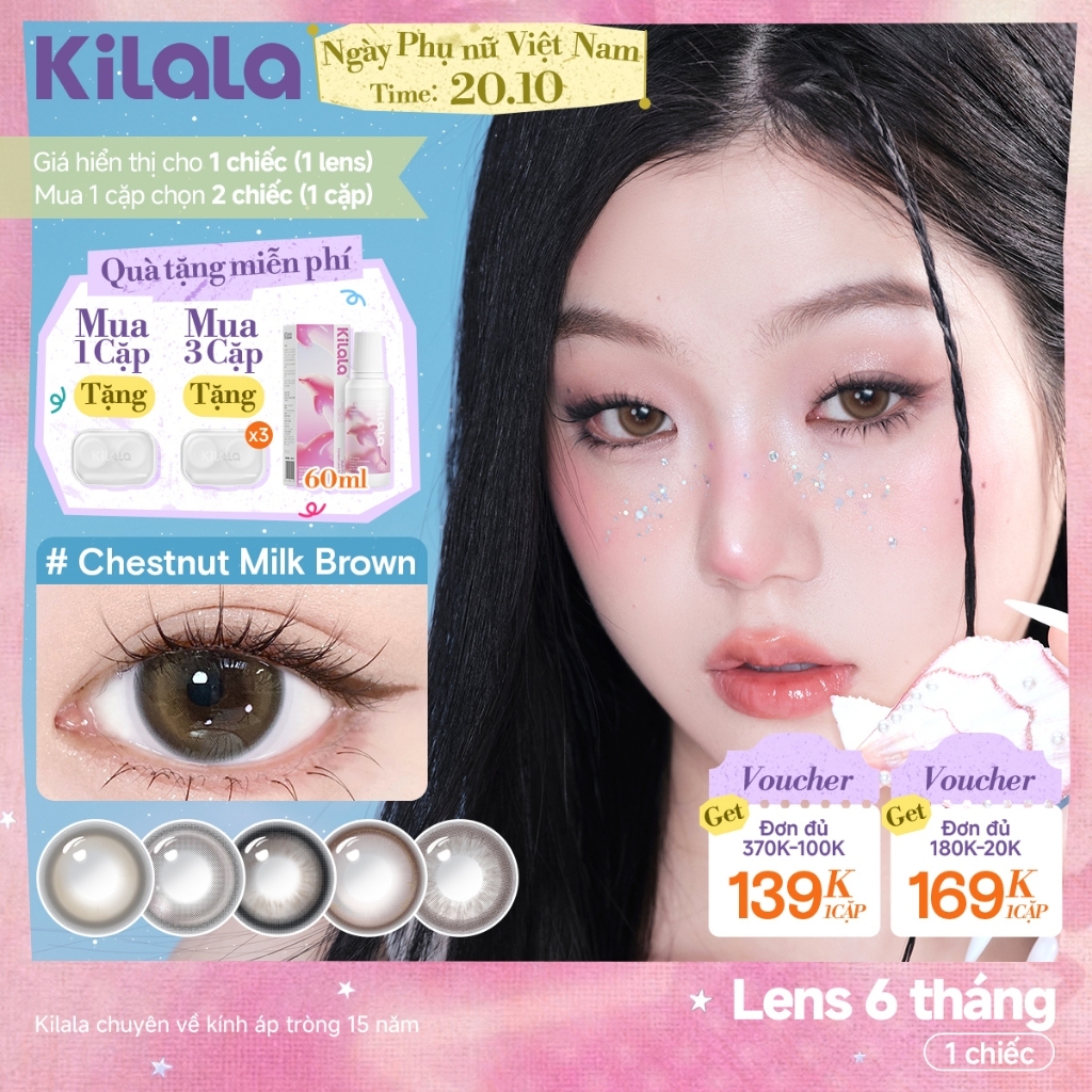 Kính áp tròng màu Kilala - Nâu Chestnut Milk Brown/ Xám Lychee Grey/ Xanh Pandora Blue lens cận 6 tháng DIA 14.2mm có độ (0-7)  Ocean Pearl Collection[Giá 1 chiếc lens ]