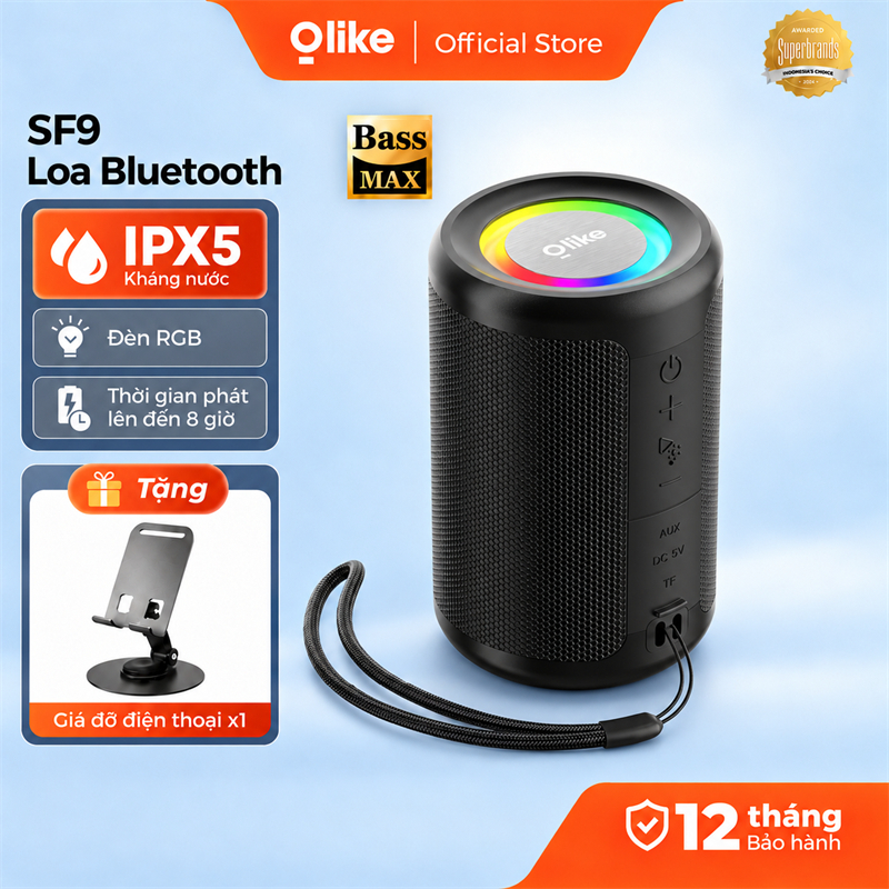 Loa Bluetooth Olike SF9 Mini Loa Không Dây Bass Mạnh Chống Nước IPX5 Đèn LED RGB Bluetooth 6.0 Pin 8 Giờ Hỗ Trợ TWS