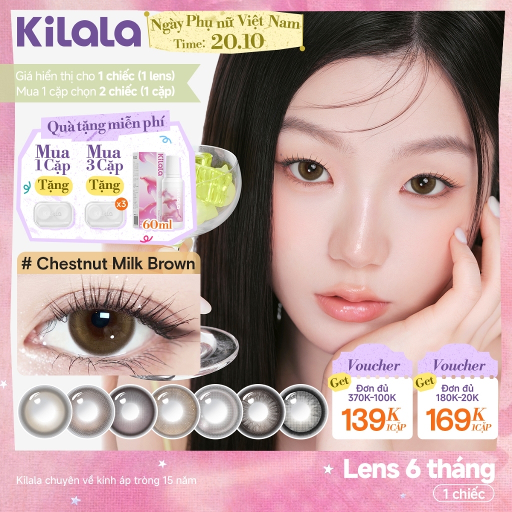 Kính áp tròng màu Kilala Nâu ChestnutMilkBrown/Sakura Pink lens cận 6 tháng DIA 14.2-14.5mm có độ (0-4)[Giá 1 chiếc lens ]