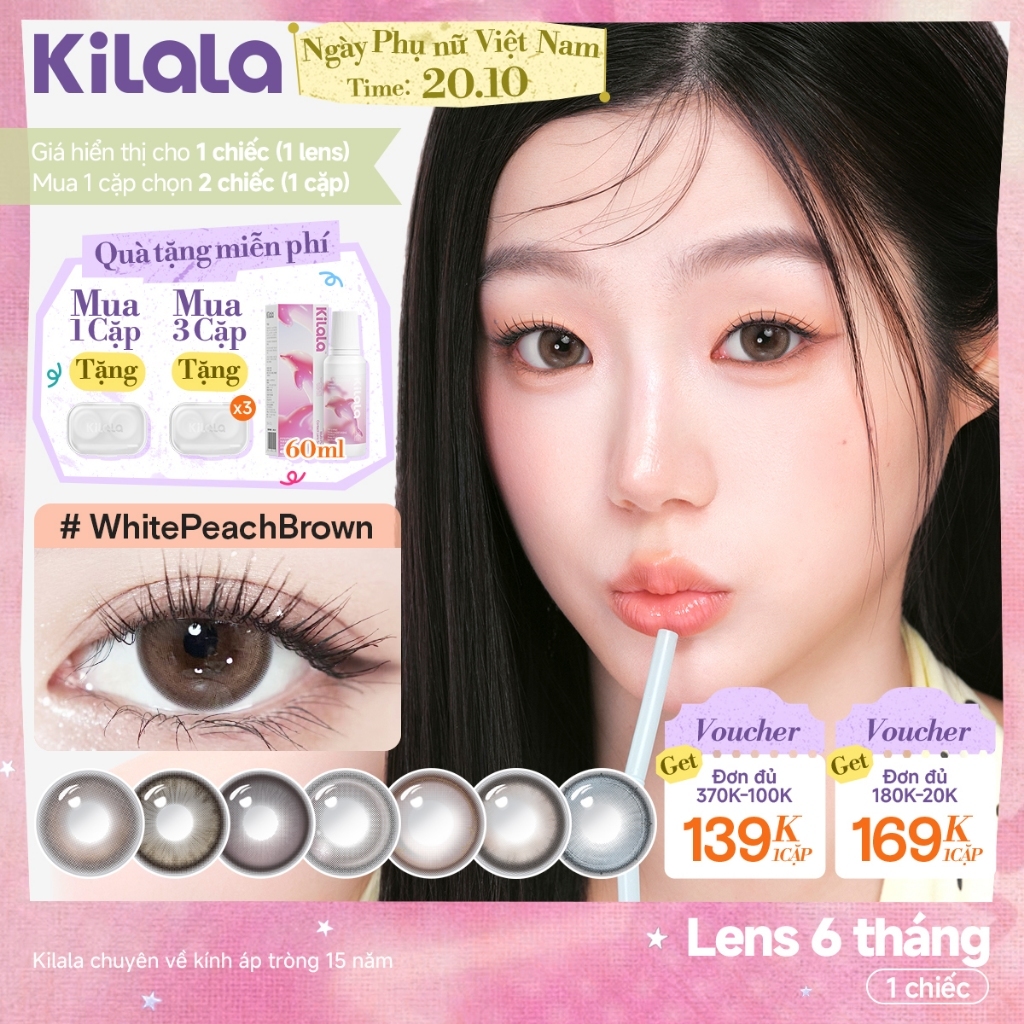 Kính áp tròng màu Kilala Nâu Bailey Brown/Sakura Pink/Yay Radiowave Black lens cận 6 tháng DIA 14.2-14.5mm có độ (0-4)[Giá 1 chiếc lens ]