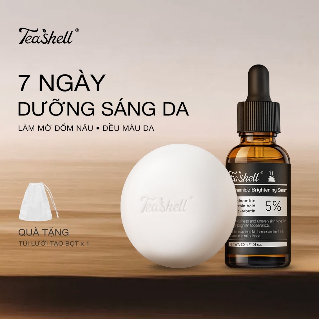 Teashell BỘ KIT Serum 5% Niacinamide Arbutin 30ml + Xà Phòng Làm Trắng Toàn Serum Trẻ Hóa Da Giảm Vết Thâm Mụn Đốm Nám Cải Thiện Lỗ Chân Lông Mờ Vết Đỏ Dưỡng Trắng Da Toàn