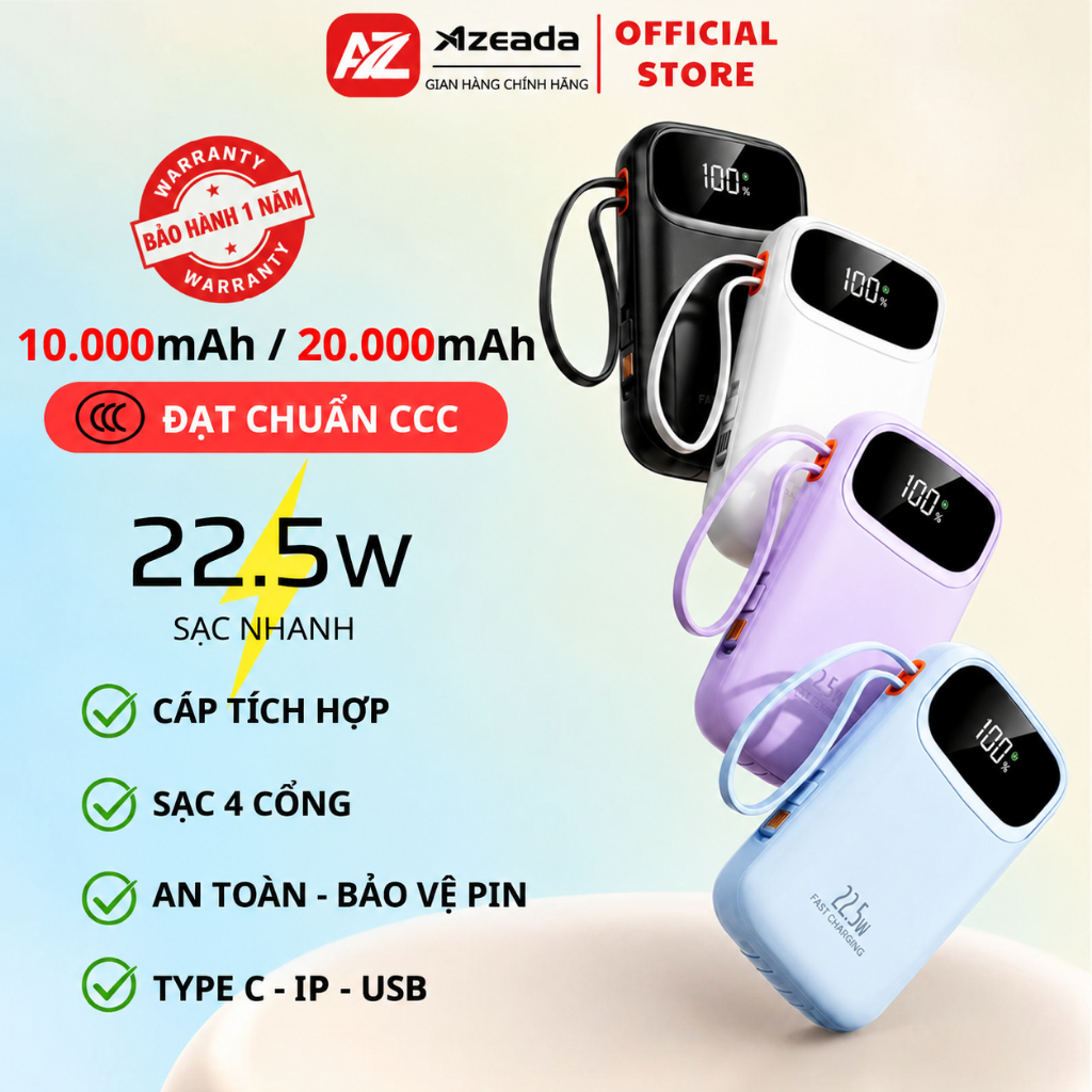 Sạc Pin Dự Phòng PD22.5W 3C 10000-20000mAh,Type-C&IP&USB Dây,Màn Hình LED,Android SS Xiaomi OPPO P03