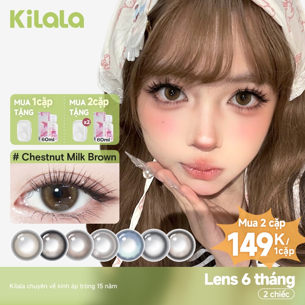 Kính áp tròng Kilala màu nâu Chestnut Milk Brown/ Yay Radiowave Black/White Peach Brownlens cận 6 tháng DIA 14.2mm  14.5mm có độ (0-7) 1 cặp