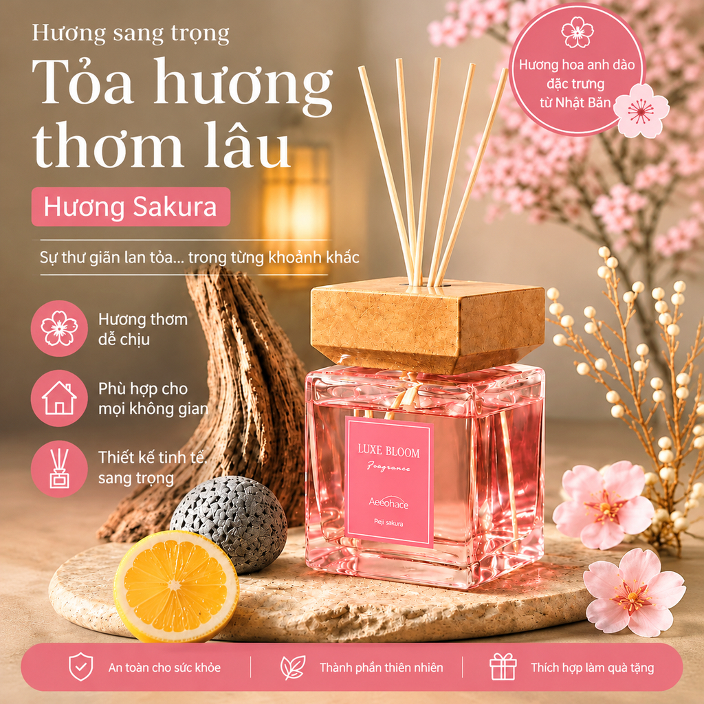 【Hương Hoa Anh Đào Nhật Bản】Tinh dầu khuếch tán que mây cao cấp 500ml Thời gian sử dụng lên đến Sáu tháng