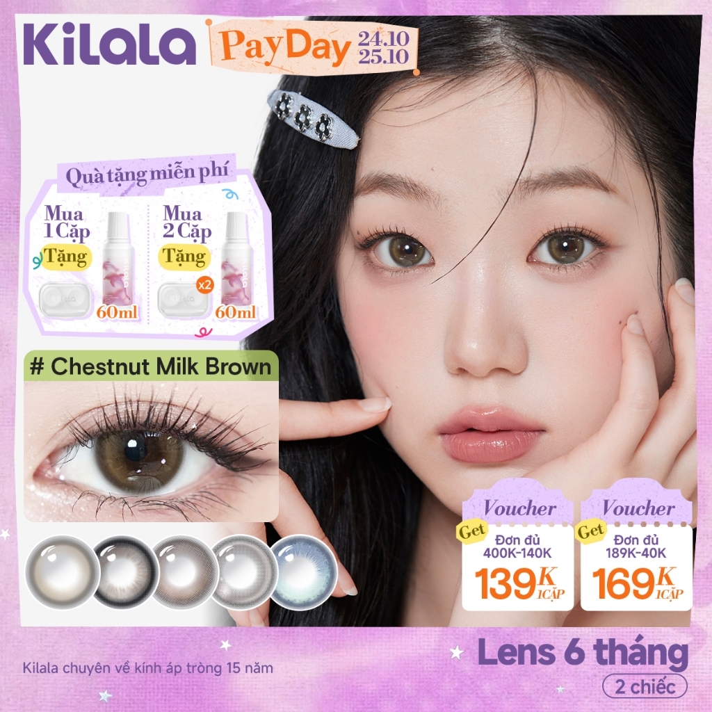 Kính áp tròng Kilala màu nâu Chestnut Milk Brown/ Yay Radiowave Black/White Peach Brownlens cận 6 tháng DIA 14.2mm  14.5mm có độ (0-7) 1 cặp