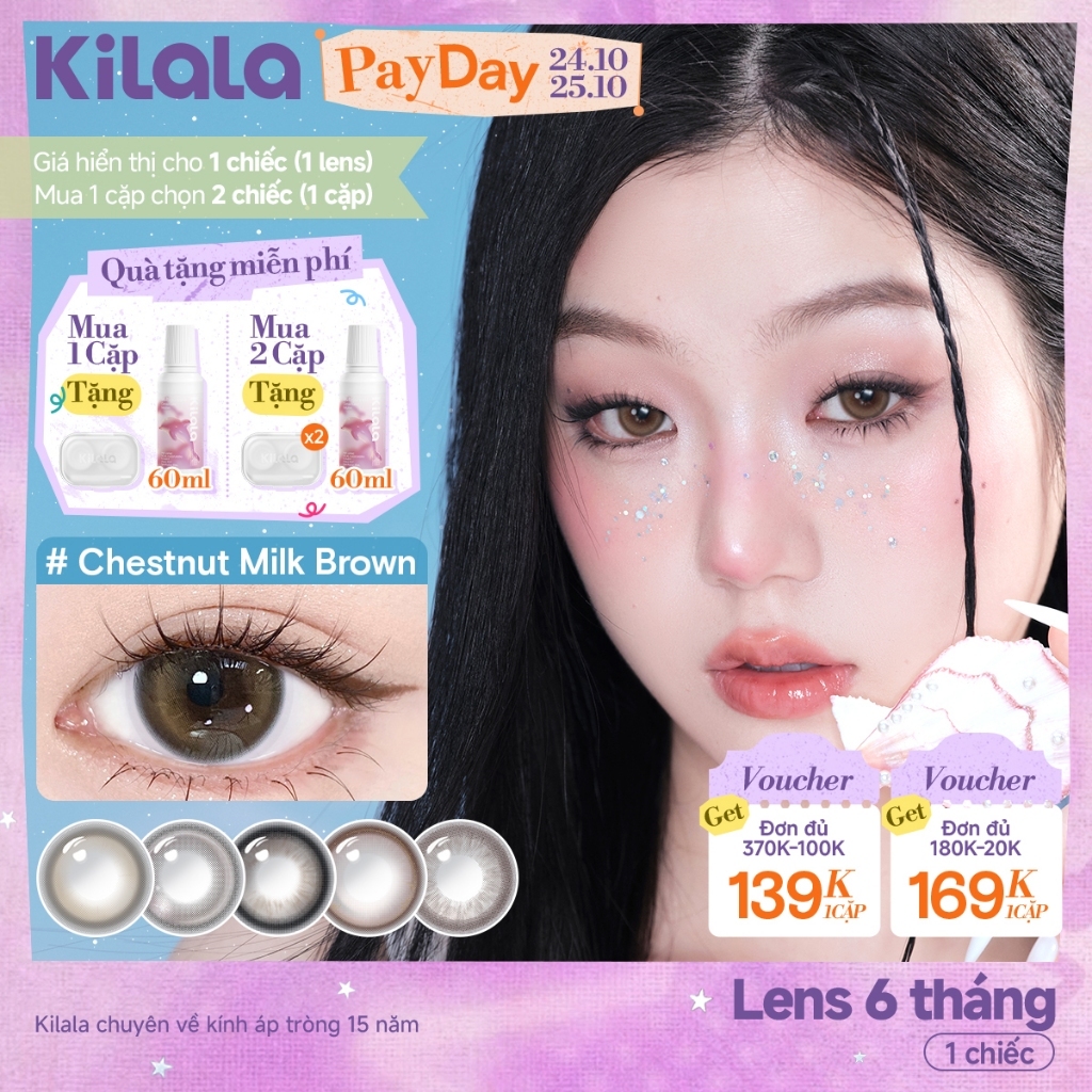 Kính áp tròng màu Kilala - Nâu Chestnut Milk Brown/ Xám Lychee Grey/ Xanh Pandora Blue lens cận 6 tháng DIA 14.2mm có độ (0-7)  Ocean Pearl Collection[Giá 1 chiếc lens ]