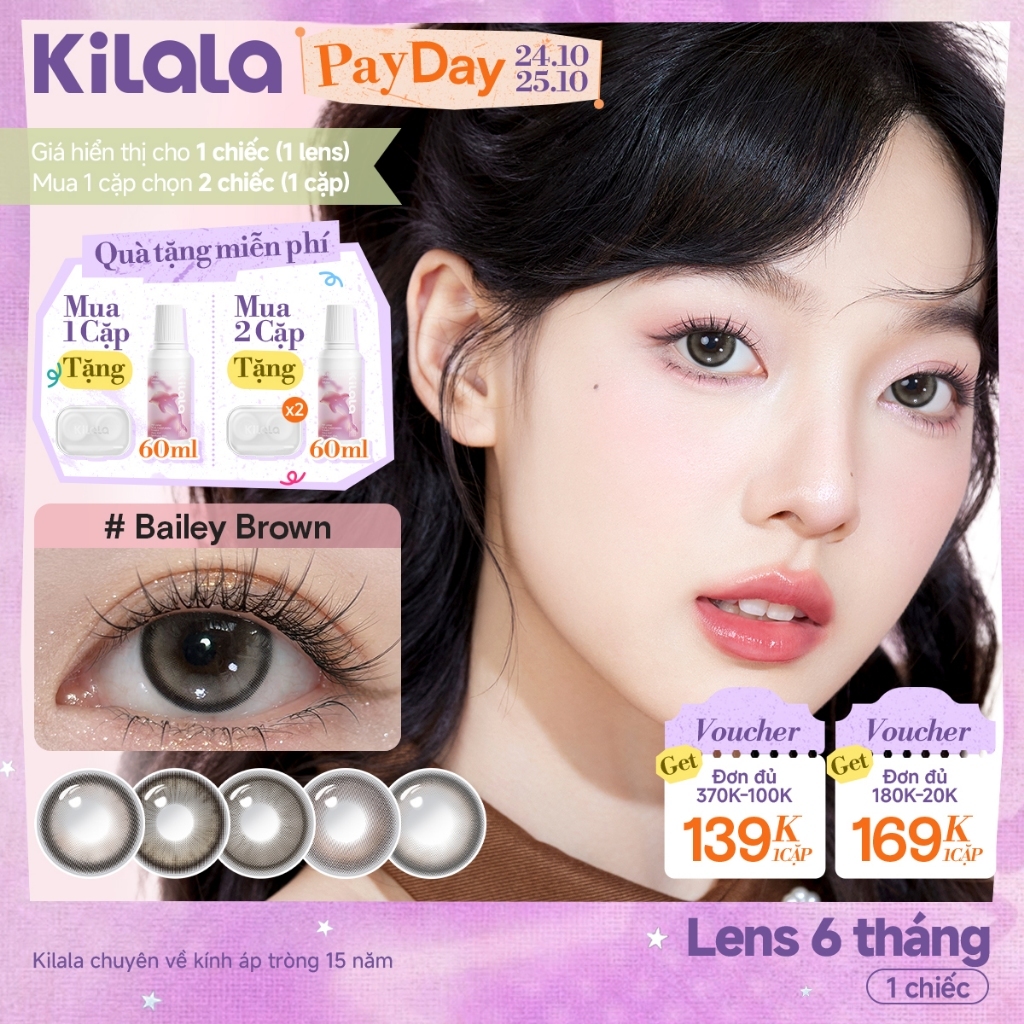 Kính áp tròng Kilala màu nâu Dolly Collection DIA  14.5mm lens cận 6 tháng có độ 0-7[Giá 1 chiếc lens ]