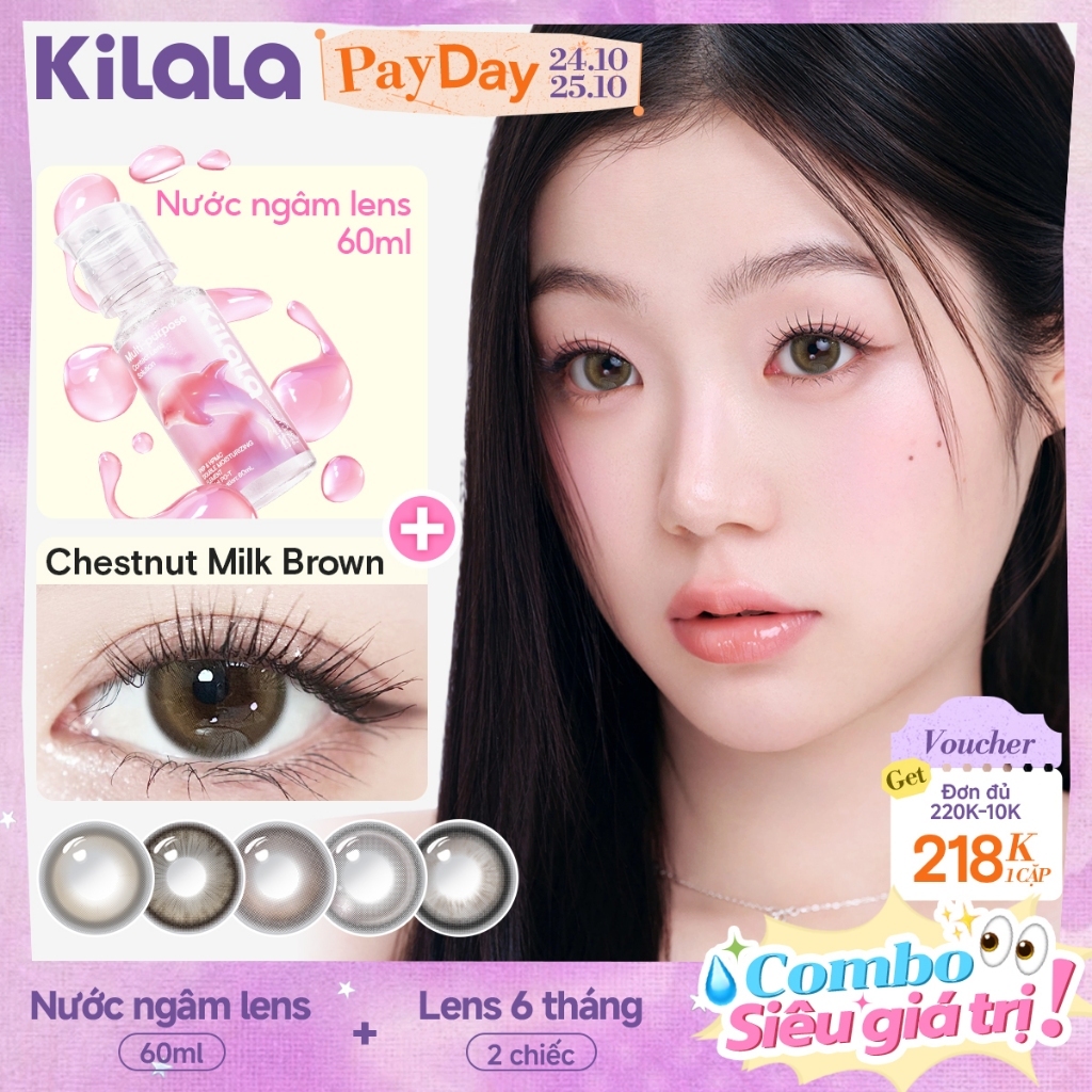 [ Combo ] Kính áp tròng màu Kilala + 60ml Nước ngâm lens Nâu Đen White Peach Brown/Pearly Grey lens cận 6 tháng DIA 14.2mm có độ (0-7) [Giá 2 chiếc lens ]