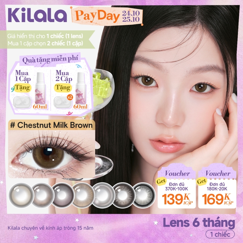 Kính áp tròng màu Kilala Nâu ChestnutMilkBrown/Sakura Pink lens cận 6 tháng DIA 14.2-14.5mm có độ (0-4)[Giá 1 chiếc lens ]
