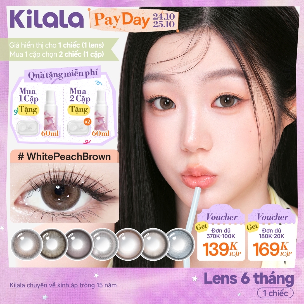 Kính áp tròng màu Kilala Nâu Bailey Brown/Sakura Pink/Yay Radiowave Black lens cận 6 tháng DIA 14.2-14.5mm có độ (0-4)[Giá 1 chiếc lens ]