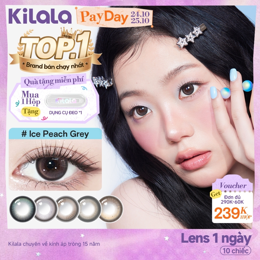 10 chiếc Kính áp tròng Kilala lens 1 ngày màu xám Ice Peach Grey / Ice Oolong Brown/Raw Coconut Grey  DIA 14.5mm 14.2mm 14.0 mmcó độ (0-8)